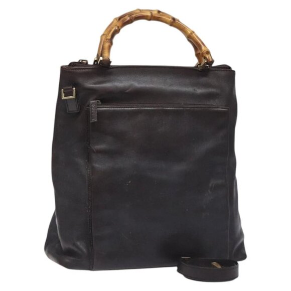 GUCCI Bamboo Hand Bag Leather 2way Dark Brown Gold - Picture 1 of 14